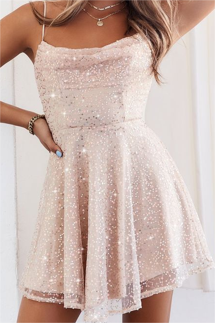 Light Champagne Spaghetti Strap Sleeveless Homecoming Dress With Beadings HC0022
