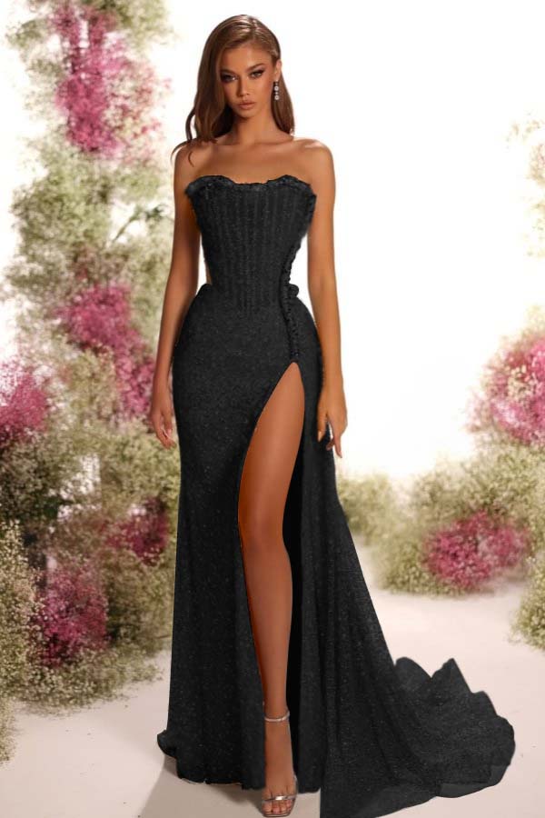 Strapless Sleeveless Long Split Prom Dress With Pleated Sequins ZT0541