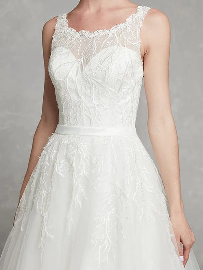 A-Line Wedding Dresses Scoop Neck Chapel Train Lace Tulle Regular Straps Formal Illusion Detail with Lace Sash Ribbon