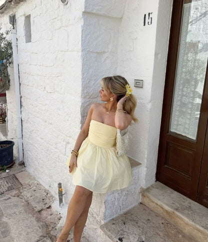 Yellow Strapless Party Dress Short Prom Dress Birthday Dress     fg7441