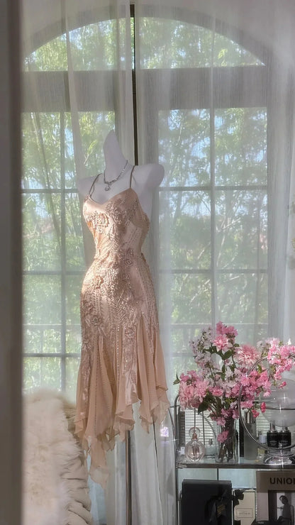 Vintage Mermaid Spaghetti Strap Beaded Ruffle Satin Chiffon Short Homecoming Dress SH2966