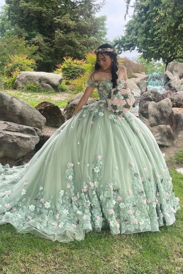 Sage Green Quinceanera Dress Off-Shoulder Applique Lace Beaded Tulle Ball Gown for Sweet 16 & 15   fg8093