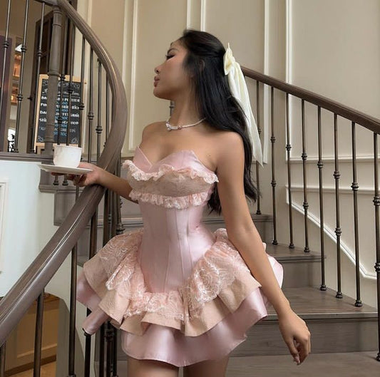 Pink Short Prom Dress with Lace Sweetheart Mini Birthday Party Dress     cg26078