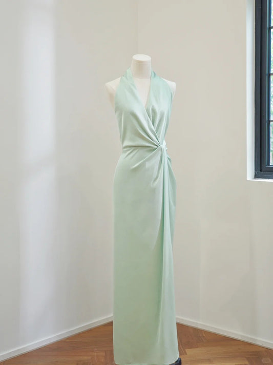 zelldressess-Mint Green Simple Fashion Halter Neck Long Satin Prom Dress Evening Dress Party Dress Bridesmaid Dress gh5055