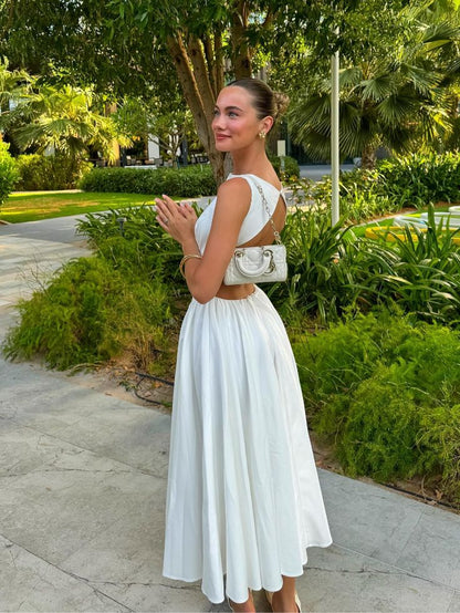 Women's White Backless Long Dress Elegant Sleeveless O-Neck Fashion Party Holiday Dress   fg7434