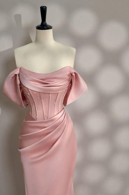 Long Pink Satin Prom Dress Off Shoulder Prom Dress Evening Party Gowns    fg7426