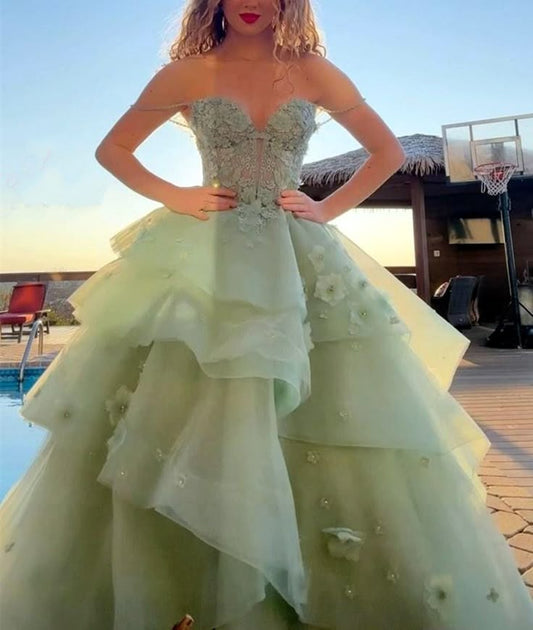 Ball Gown Sage Green Prom Dress Long Tiered Tulle Evening Dress   fg8030