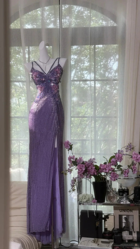 Stunning Sheath Spaghetti Strap Beaded Purple Chiffon Long Prom Dress Evening Dress with Slit SH2967