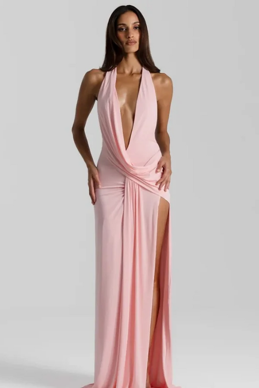 Halter Deep V Neck Sleeveless Long Split Prom Dress With Pleated YC0103