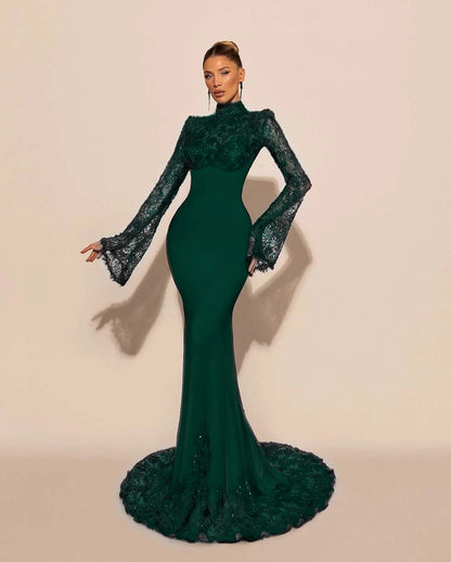 Luxurious Black High Neck Lace Long Sleeves Mermaid Prom Dress YK0572