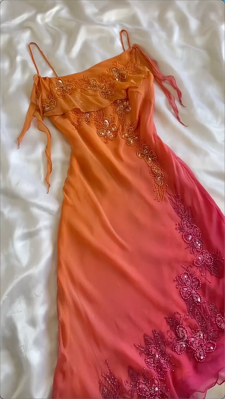 Unique Sheath Spaghetti Strap Beaded Pink Orange Ombre Chiffon Party Dress SH2711