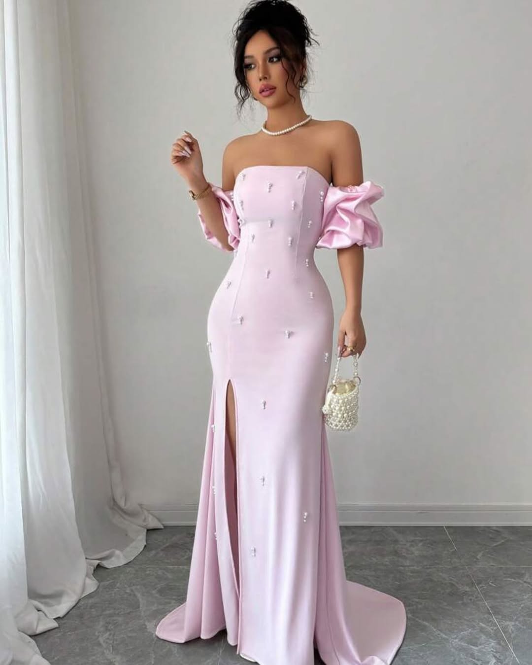 Chic Pink Strapless Bubble Sleeves Beaded Split Prom Dress with Pearl | Zelldresses