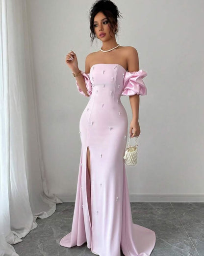 Chic Pink Strapless Bubble Sleeves Beaded Split Prom Dress with Pearl | Zelldresses