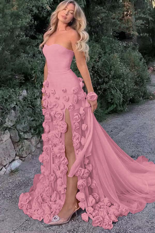 Amazing Pink Satin Strapless Sleeveless Tulle Split Prom Dress with Flowers | Zelldresses