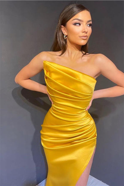 Elegant Yellow Sleeveless Mermaid Split Prom Dress with Strapless On Sale ED0341
