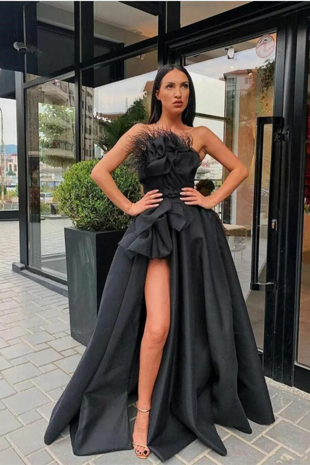 Black Long Split Prom Dress With Feather | Zelldresses