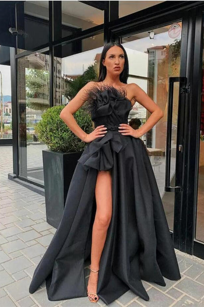 Black Long Split Prom Dress With Feather | Zelldresses
