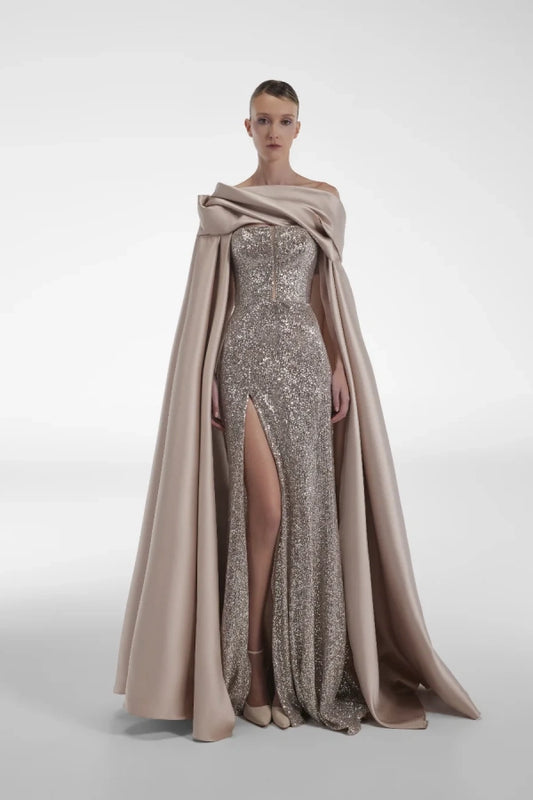 Gorgeous Sequins Strapless Sleeveless Split Prom Dress with Shawl | Zelldresses