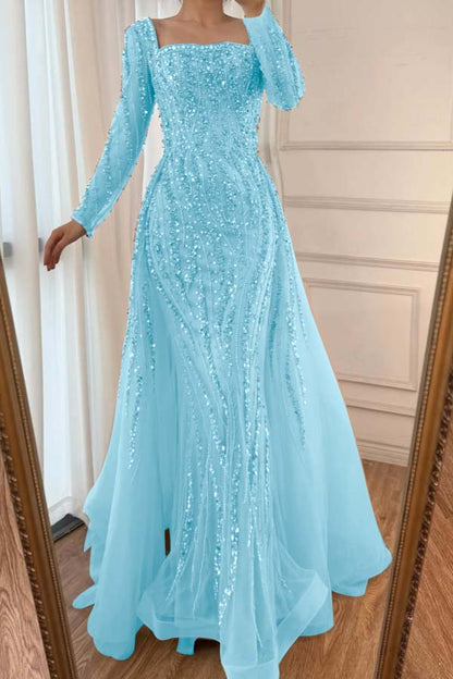 Square Neck Long Sleeves Long Mermaid Prom Dress With Beading Tulle WQ0442