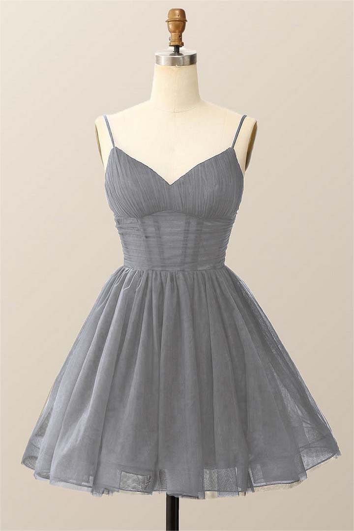 Dark Navy Tulle Spaghetti Strap Sleeveless Pleated A-Line Homecoming Dress HC0019