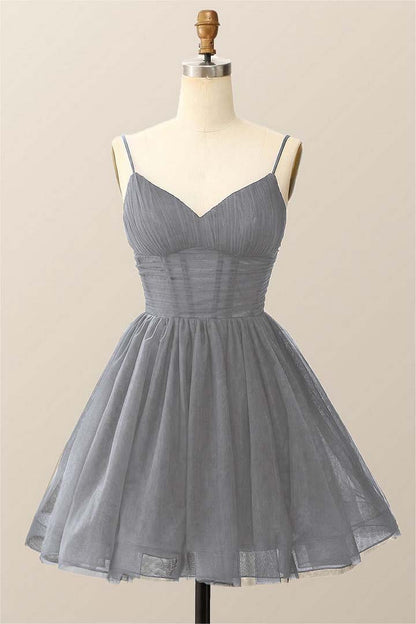 Dark Navy Tulle Spaghetti Strap Sleeveless Pleated A-Line Homecoming Dress HC0019