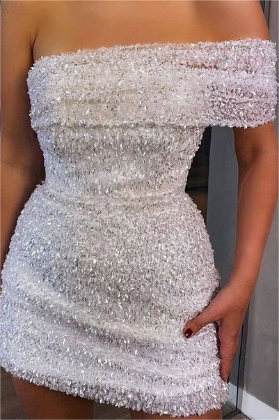 White Sequins One Shoulder Strapless Pleated Short Homecoming Dress with Beadings HC0016