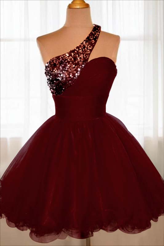 Chic Red One Shoulder Sleeveless A Line Homecoming Dress With Beadings HC0045