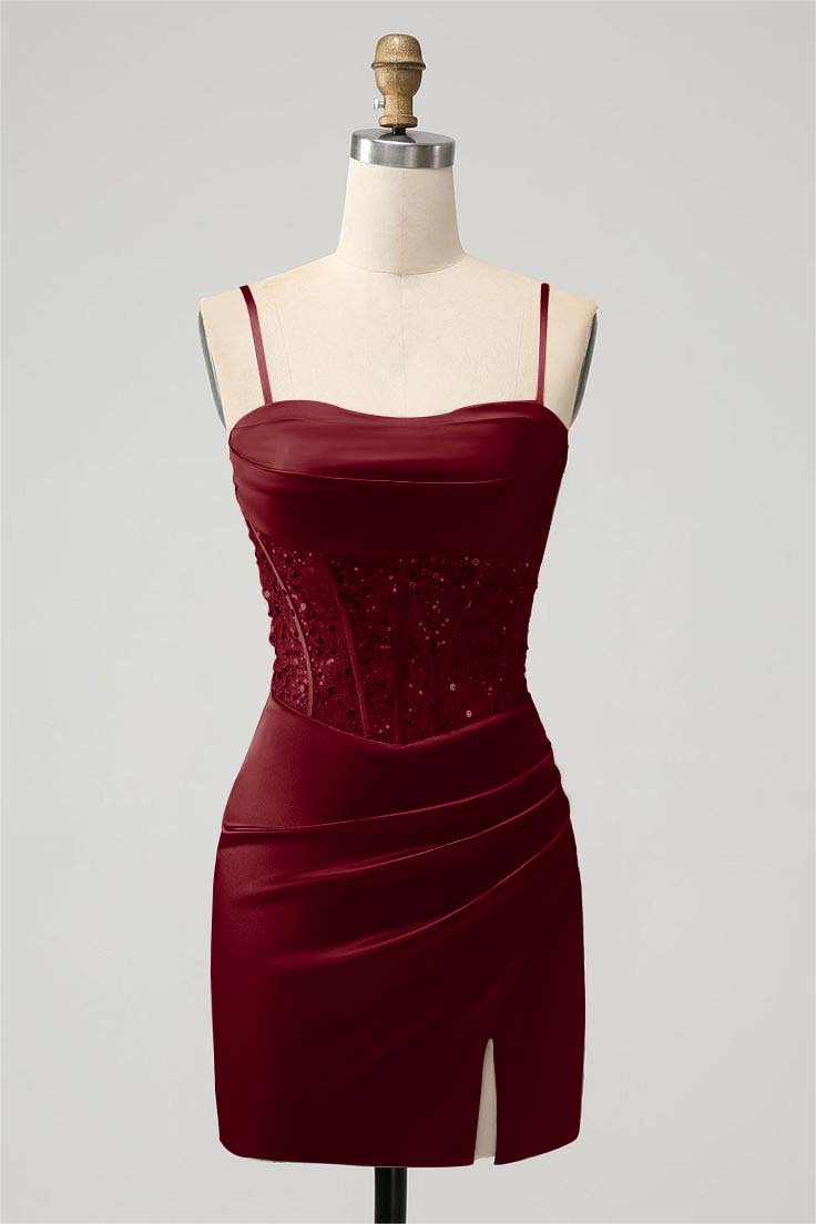 Sage Green Satin Spaghetti Strap Pleated Split Homecoming Dress with Beadings HC0030