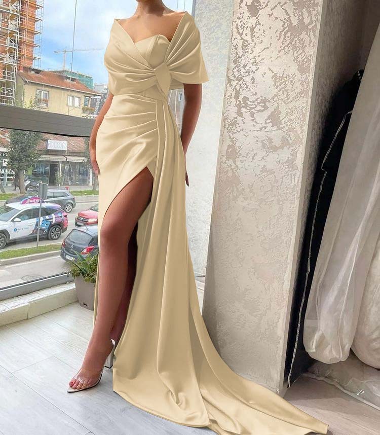 Gorgeous Dusty Sage Portrait V-Neck Pleated Slit Prom Dress with Ruffle ED0486