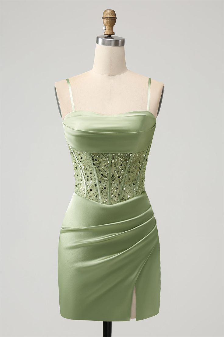 Sage Green Satin Spaghetti Strap Pleated Split Homecoming Dress with Beadings HC0030