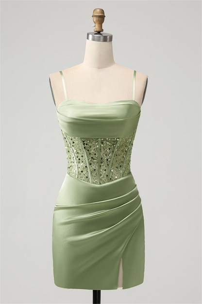 Sage Green Satin Spaghetti Strap Pleated Split Homecoming Dress with Beadings HC0030