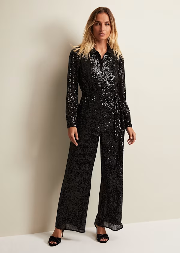 Hellodresses Simple Sequins Long Sleeves High Waist Long Wid-Leg Jumpsuit