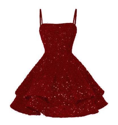 Light Pink Sequins Spaghetti Strap Sleeveless Short Homecoming Dress with Ruffles YO070