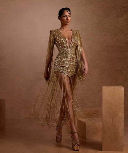 Glamorous Gold Deep V-Neck Fringe Sequins Mini Homecoming Dress YK0203