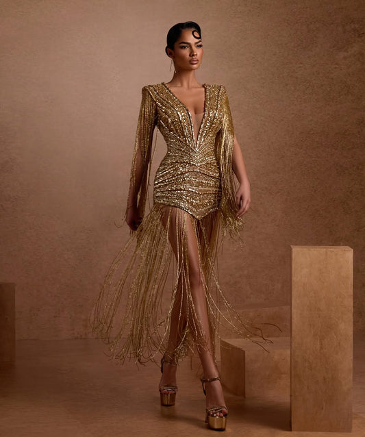 Glamorous Gold Deep V-Neck Fringe Sequins Mini Homecoming Dress YK0203