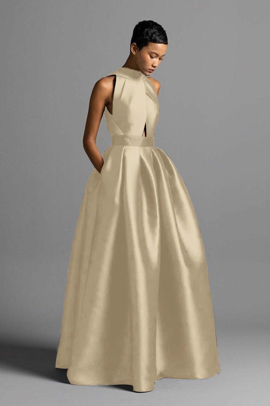 Exquisite Royal Blue Satin Halter Strapless Sleeveless A Line Prom Dress with Pleated | Zelldresses