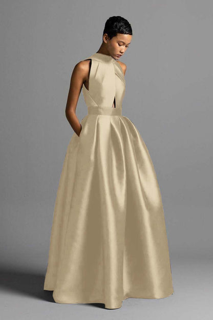 Exquisite Royal Blue Satin Halter Strapless Sleeveless A Line Prom Dress with Pleated | Zelldresses