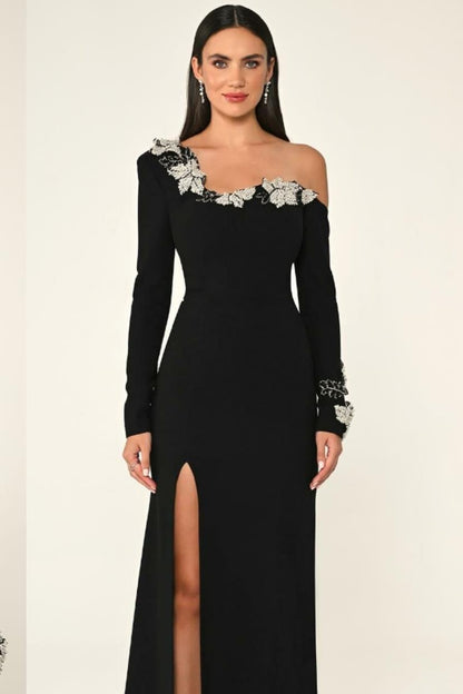 Beautiful Black Off the Shoulder Long Sleeves Slim Split Prom Dress with Beadings | Zelldresses