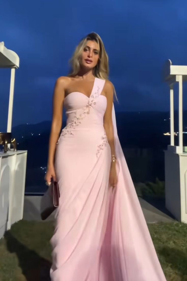 Light Pink Sheath One Shoulder Pleated Beaded Chiffon Prom Dress Wedding Guest Dress SH4699