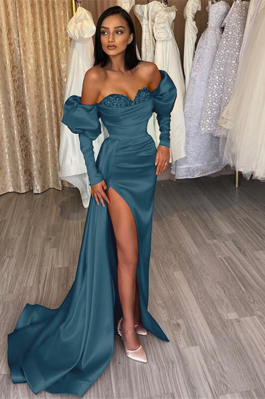 Charming Red Mermaid Off The Shoulder Slit Prom Dress With Sweetheart Long Sleeves | Zelldresses