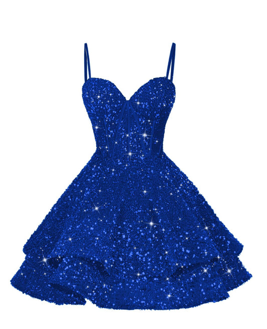 Royal Blue Sequins Sweetheart Spaghetti Strap Sleeveless Short Homcoming Dress with Ruffles YMS248