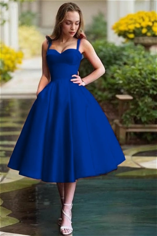 Red Satin Sweetheart Spaghetti Strap A Line Mid Homecoming Dress with Ruffles HC0037