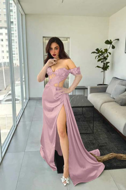 Beautiful Green Satin Off the Shoulder Strapless Long Split Prom Dress with Applique | Zelldresses