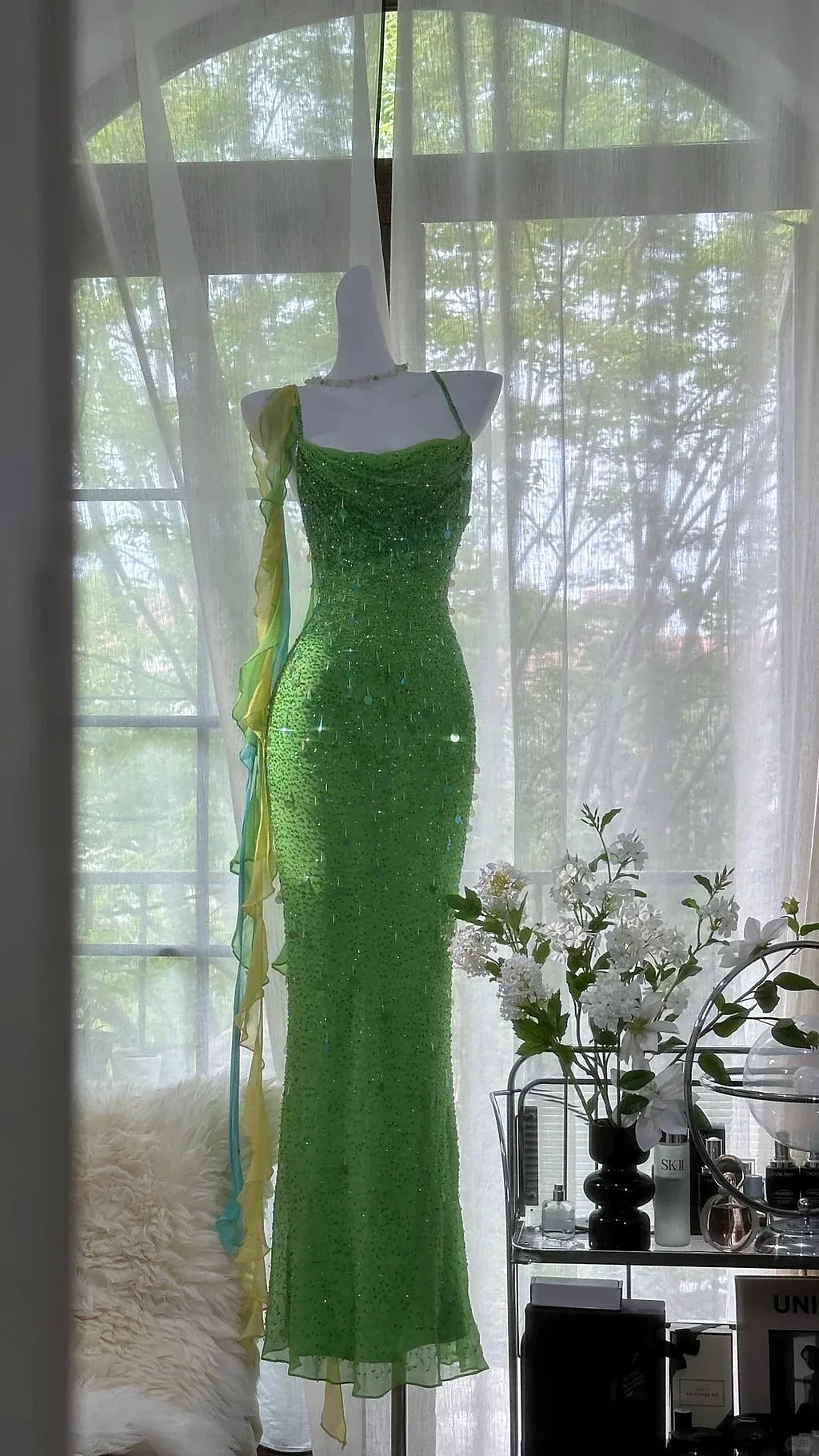 Shiny Sheath Spaghetti Strap Sequin Beaded Green Chiffon Open Back Party Dress Evening Dress SH2874