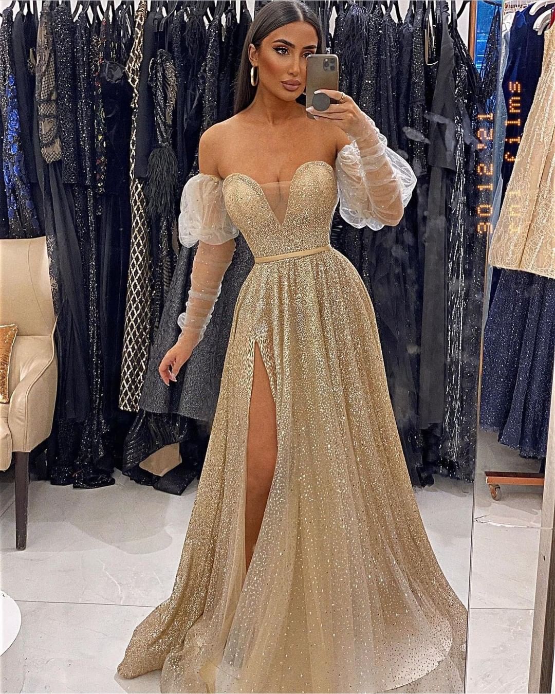 Champagne V-Neck Sequins Evening Front Split Prom Dress with Long Sleeves ED0036