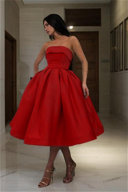 Charming Satin Strapless Sleeveless A Line Short Homecoming Dress with Pleated