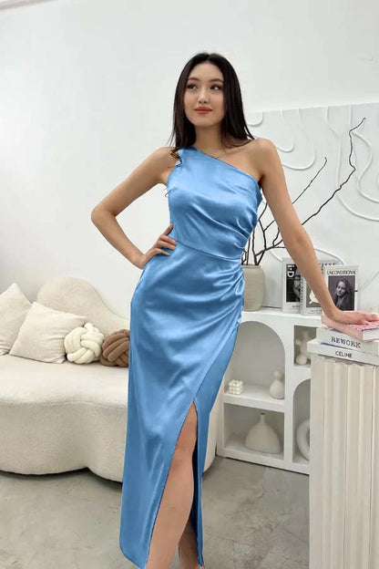 Chic Sleeveless One Shoulder Long Prom Dress With Pleated Split JQ0244