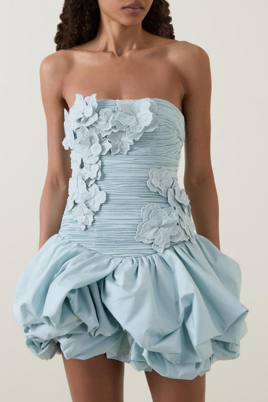 Chic Blue Strapless Homecoming Dress Pleated Mini with Flower YC0157