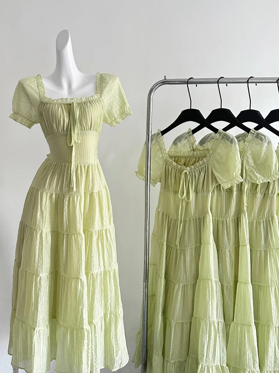 Fresh Light Green A-line Short-sleeved Back Hollow Long Prom Dress Bridesmaid Dress P4003