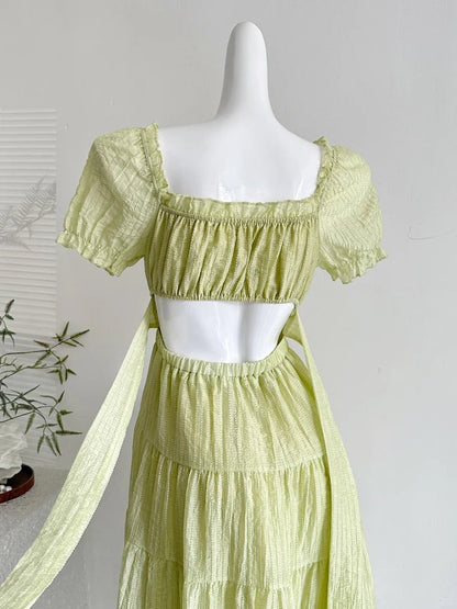 Fresh Light Green A-line Short-sleeved Back Hollow Long Prom Dress Bridesmaid Dress P4003